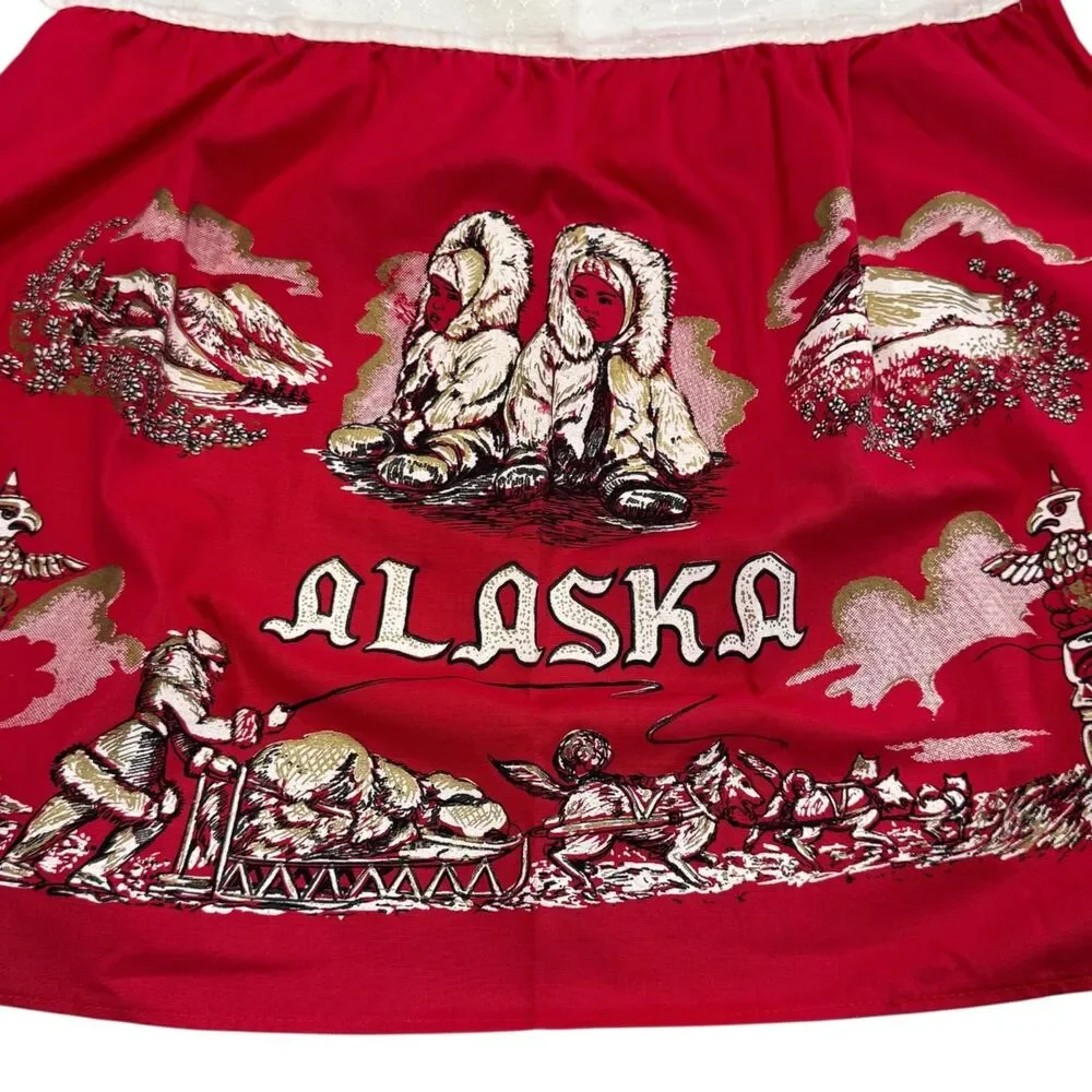 Vintage Alaska Souvenir Scenic Half Apron Kitschy Farmhouse Never Used Retro Red